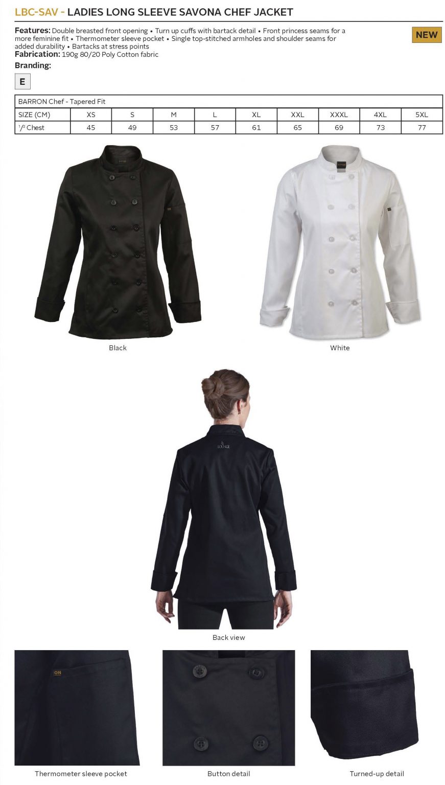 LADIES CHEF JKT LONG SLEEVE BLACK MEDIUM (LBC-SAV)